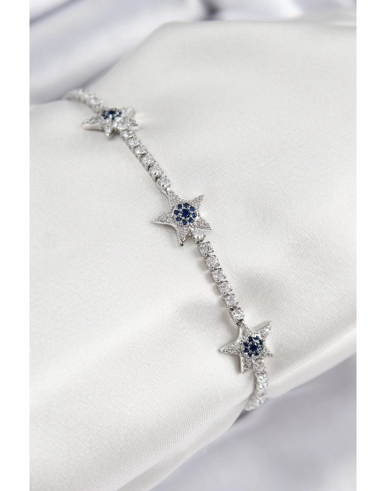 ® Pirinç Zirkon Taşlı Yıldız Model Gümüş Renk Kadın Bileklik