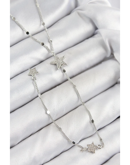 ® Pirinç Zirkon Taşlı Yıldız Model Gümüş Renk Y Kolye