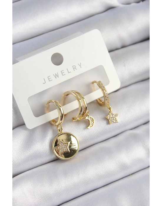 ® Pirinç Zirkon Taşlı Yıldız Ve Ay Model Gold Renk 3lü Çift Kadın Küpe Set