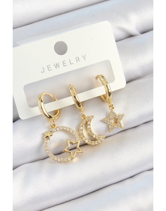 ® Pirinç Zirkon Taşlı Yıldız Ve Ay Model Gold Renk 3lü Kadın Küpe Set