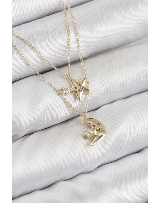 ® Pirinç Zirkon Taşlı Yıldız Ve Ay Model Gold Renk Kadın Kolye