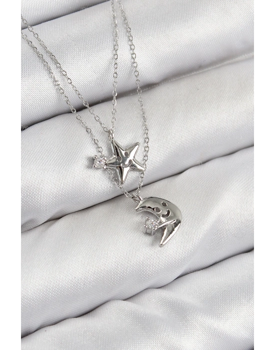 ® Pirinç Zirkon Taşlı Yıldız Ve Ay Model Gümüş Renk Kadın Kolye
