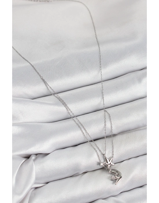 ® Pirinç Zirkon Taşlı Yıldız Ve Ay Model Gümüş Renk Kadın Kolye