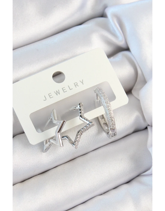 ® Pirinç Zirkon Taşlı Yıldız Ve Halka Model Gümüş Renk 3lü Çift Kadın Küpe Set