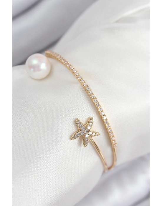 ® Pirinç Zirkon Taşlı Yıldız Ve İnci Model Gold Renk Kadın Bileklik