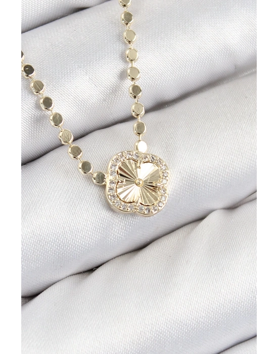 ® Pirinç Zirkon Taşlı Yonca Model Ezme Zincir Gold Renk Kadın Kolye