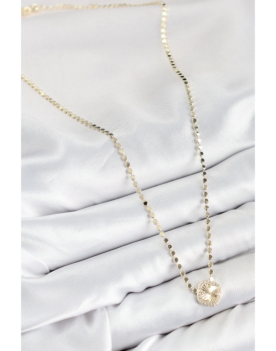 ® Pirinç Zirkon Taşlı Yonca Model Ezme Zincir Gold Renk Kadın Kolye