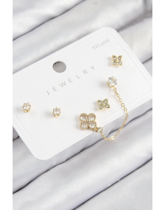 ® Pirinç Zirkon Taşlı Yonca Model Gold Renk 925 Ayar Gümüş Çivi Kadın Küpe Set
