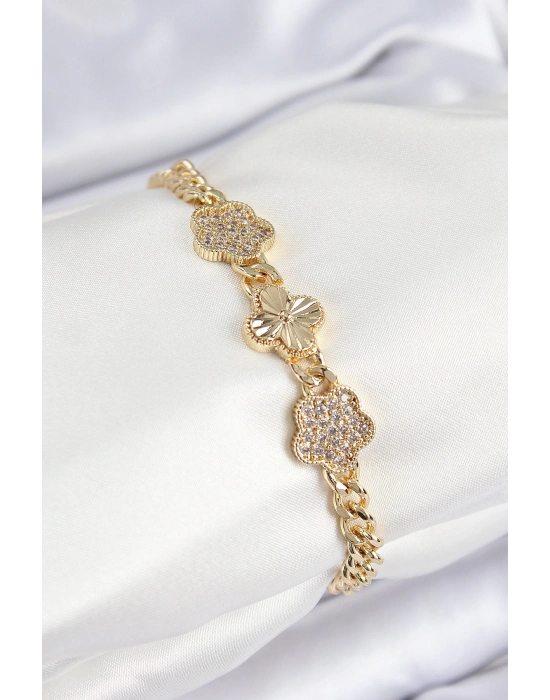 ® Pirinç Zirkon Taşlı Yonca Model Gold Renk Kadın Bileklik