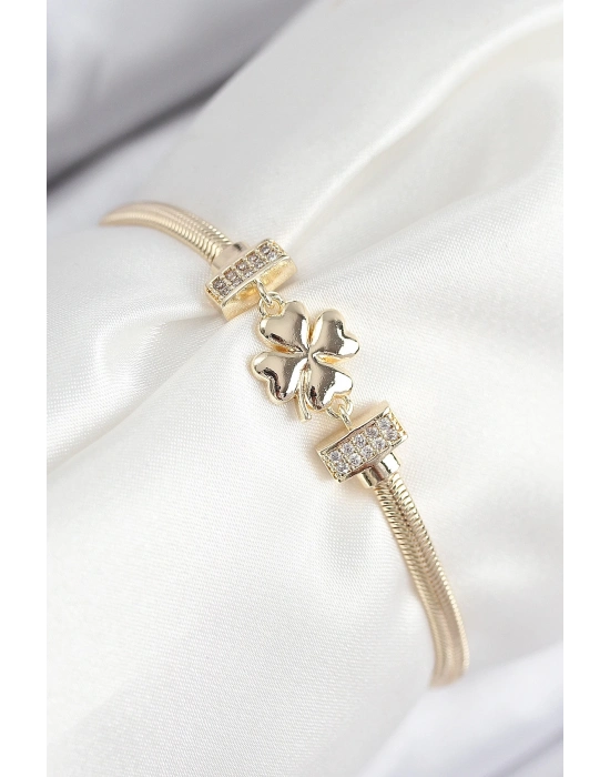 ® Pirinç Zirkon Taşlı Yonca Model Gold Renk Kadın Bileklik