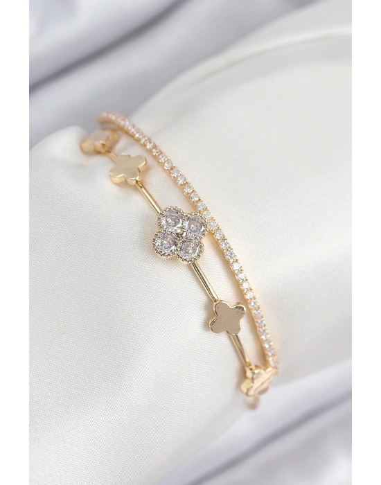 ® Pirinç Zirkon Taşlı Yonca Model Gold Renk Kadın Bileklik