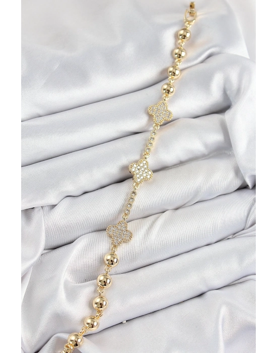 ® Pirinç Zirkon Taşlı Yonca Model Gold Renk Kadın Bileklik