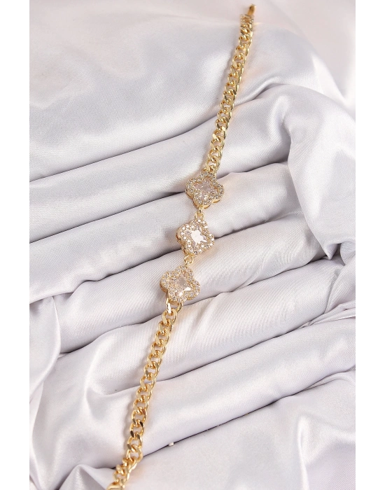 ® Pirinç Zirkon Taşlı Yonca Model Gold Renk Kadın Bileklik