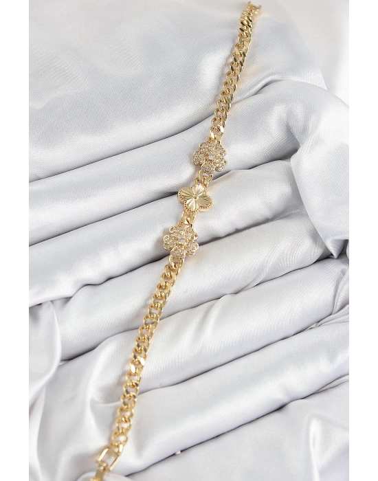 ® Pirinç Zirkon Taşlı Yonca Model Gold Renk Kadın Bileklik