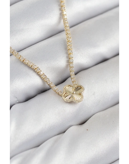 ® Pirinç Zirkon Taşlı Yonca Model Gold Renk Kadın Kolye