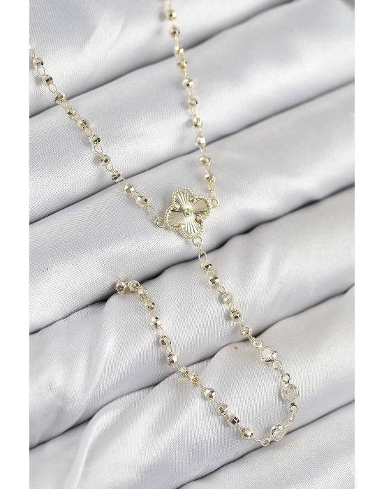 ® Pirinç Zirkon Taşlı Yonca Model Gold Renk Kadın Y Kolye