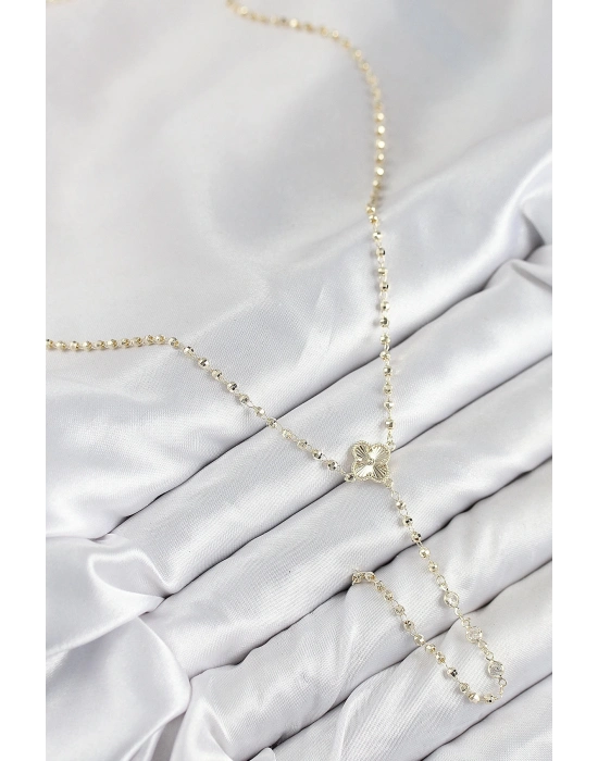 ® Pirinç Zirkon Taşlı Yonca Model Gold Renk Kadın Y Kolye