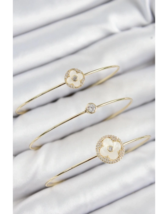 ® Pirinç Zirkon Taşlı Yonca Model Gold Renk Vip 3lü Kadın Bileklik