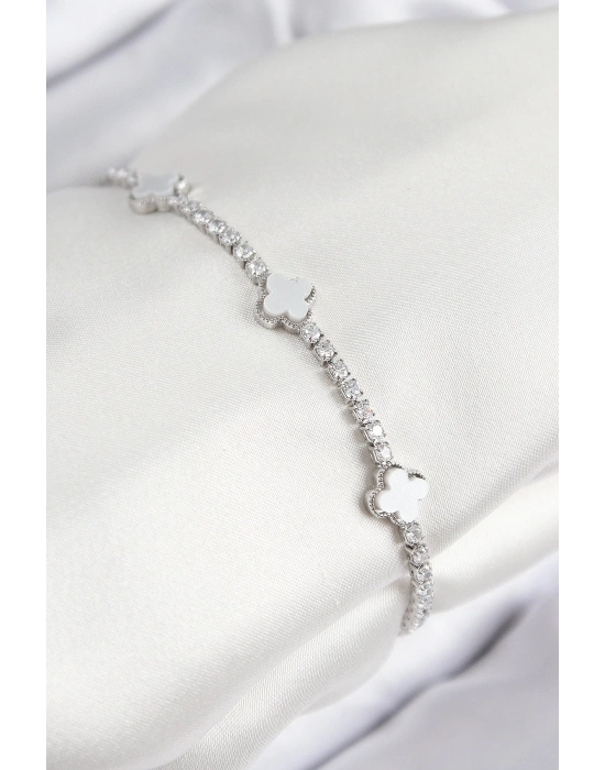 ® Pirinç Zirkon Taşlı Yonca Model Gümüş Renk Kadın Bileklik