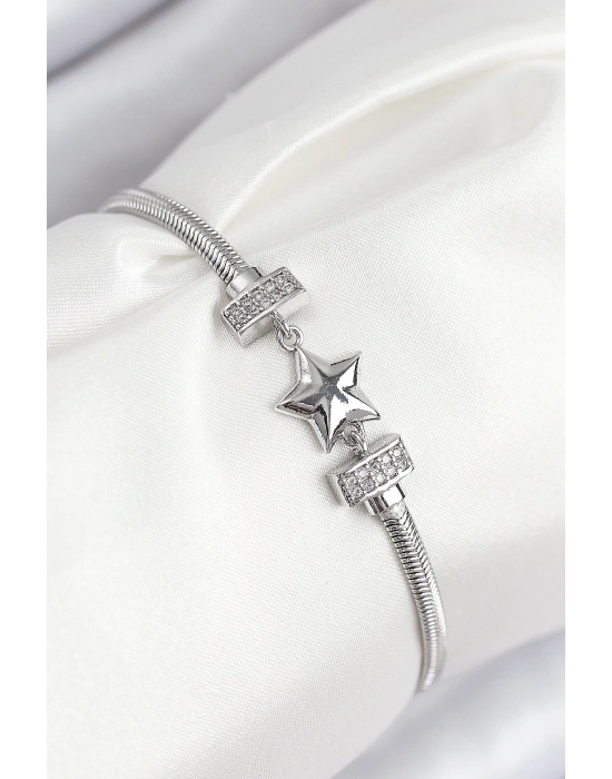 ® Pirinç Zirkon Taşlı Yonca Model Gümüş Renk Kadın Bileklik