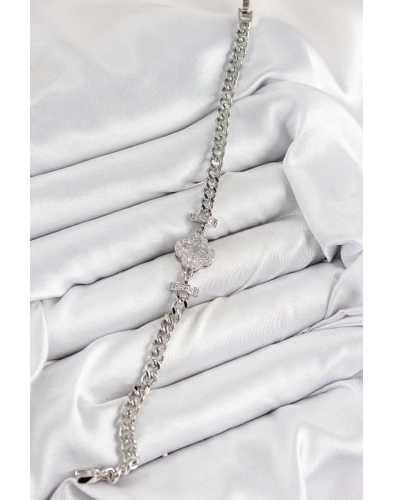 ® Pirinç Zirkon Taşlı Yonca Model Gümüş Renk Kadın Bileklik