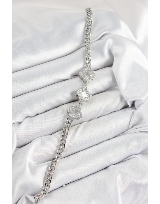 ® Pirinç Zirkon Taşlı Yonca Model Gümüş Renk Kadın Bileklik