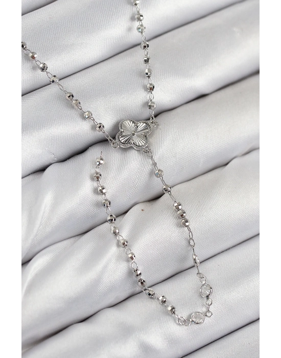 ® Pirinç Zirkon Taşlı Yonca Model Gümüş Renk Kadın Y Kolye