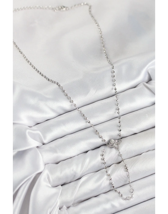 ® Pirinç Zirkon Taşlı Yonca Model Gümüş Renk Kadın Y Kolye