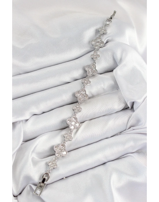 ® Pirinç Zirkon Taşlı Yonca Model Gümüş Renk VIP Seri Kadın Bileklik