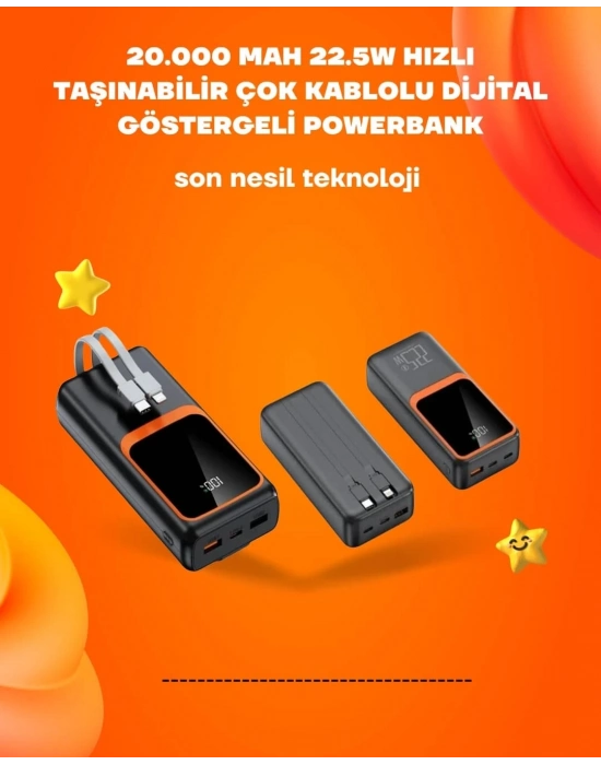 ® Powerbank 20000 mAh | 22.5W Hızlı Şarj, Dahili Kablolu, LCD Ekranlı Şarj Cihazı