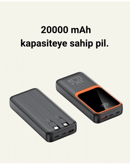 ® Powerbank 20000 mAh | 22.5W Hızlı Şarj, Dahili Kablolu, LCD Ekranlı Şarj Cihazı