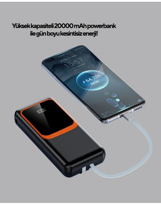 ® Powerbank 20000 mAh Dijital Ekranlı ve Çok Kablolu Hızlı Şarj Cihazı