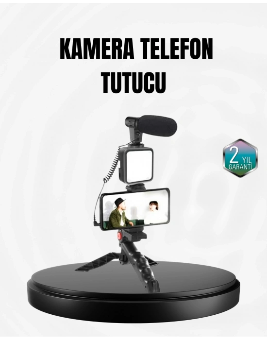 ® Profesyonel Vlog Çekim Kiti LED Işıklı Tripod Mikrofonlu Telefon Seti