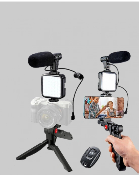 ® Profesyonel Vlog Çekim Kiti LED Işıklı Tripod Mikrofonlu Telefon Seti