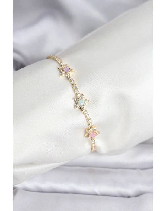 ® Renkli Yıldız Model Zirkon Taşlı Gold Renk Pirinç Su Yolu Kadın Bileklik