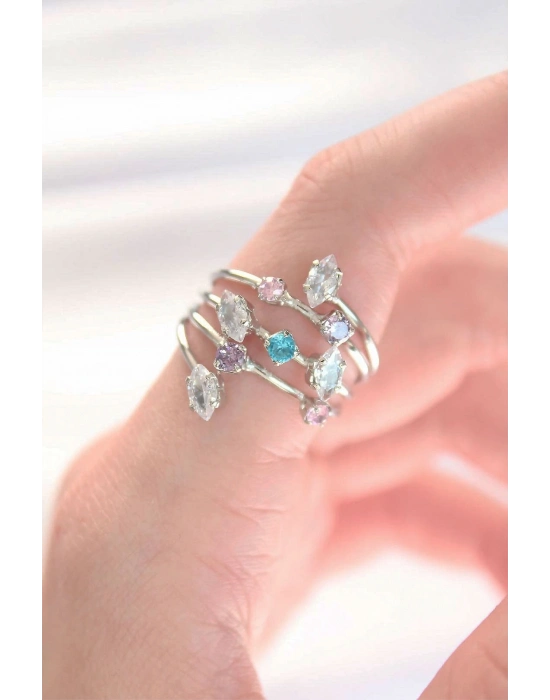® Renkli Zirkon Taşlı Silver Renk Ayarlanabilir Yüzük