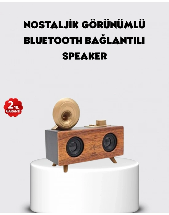 ® Retro Gramofon Tasarımlı Bluetooth Hoparlör – 3D Stereo Ses, 1800 mAh Batarya