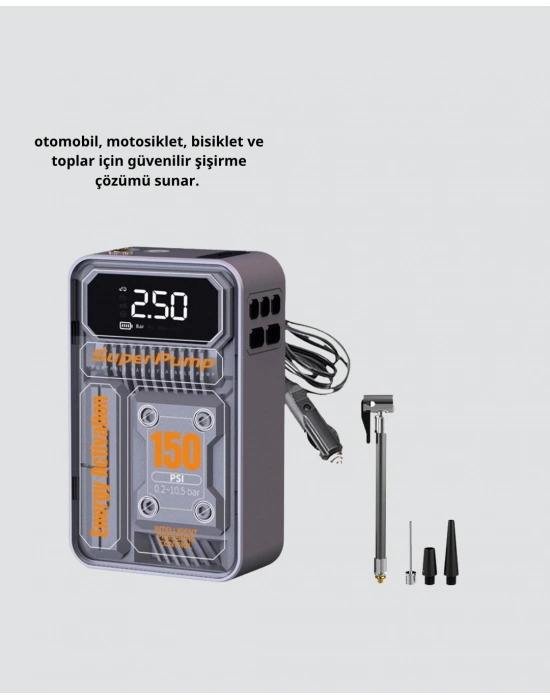 ® Şarjlı Kablosuz Hava Pompası – 150 PSI Basınç, LED Ekran ve 6000mAh Batarya