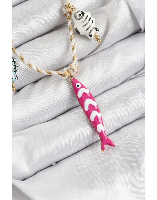 ® Seramik Motifli Pembe Balık Figürlü Model Krem İp Kadın Kolye