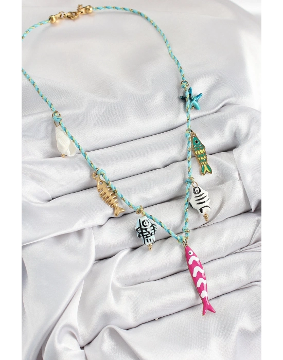 ® Seramik Motifli Pembe Balık Figürlü Model Mavi İp Kadın Kolye