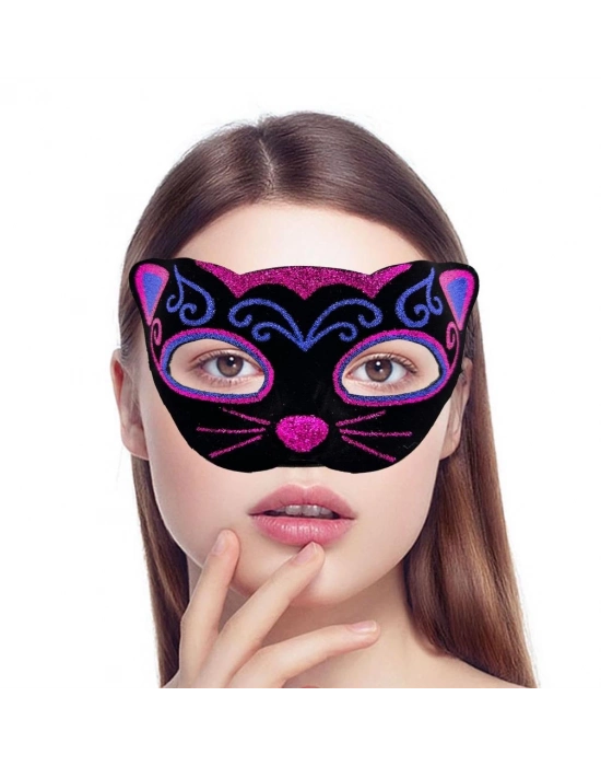 Siyah Kadife Kaplama Üzeri Pembe Mavi Sim İşlemeli Kedi Maskesi 20x13 cm
