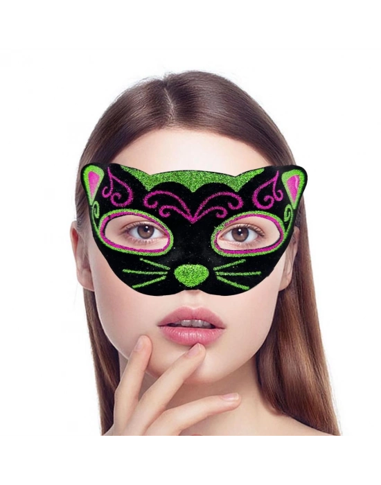 Siyah Kadife Kaplama Üzeri Pembe Yeşil Sim İşlemeli Kedi Maskesi 20x13 cm