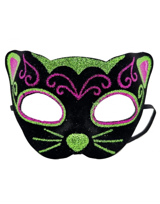 Siyah Kadife Kaplama Üzeri Pembe Yeşil Sim İşlemeli Kedi Maskesi 20x13 cm