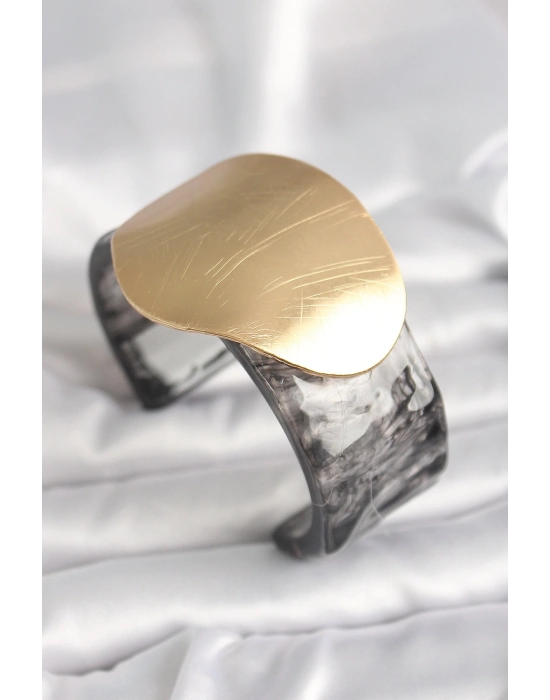 ® Siyah Mermer Desen Akrilik Plastik Gold Daire Plaka Model Vintage Kadın Bilezik