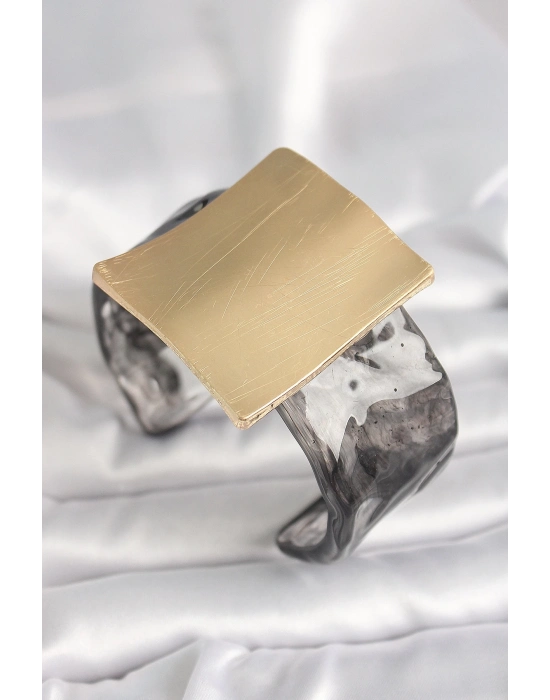 ® Siyah Mermer Desen Akrilik Plastik Gold Kare Plaka Model Vintage Kadın Bilezik
