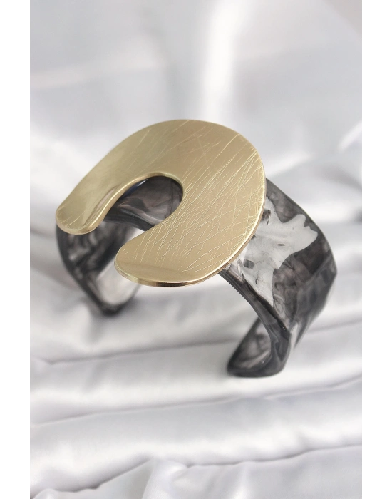 ® Siyah Mermer Desen Akrilik Plastik Gold Nal Model Plaka Vintage Kadın Bilezik