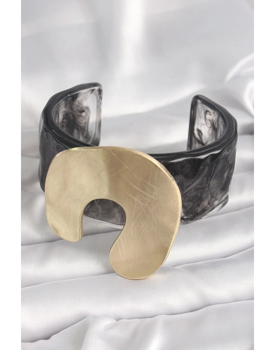 ® Siyah Mermer Desen Akrilik Plastik Gold Nal Model Plaka Vintage Kadın Bilezik