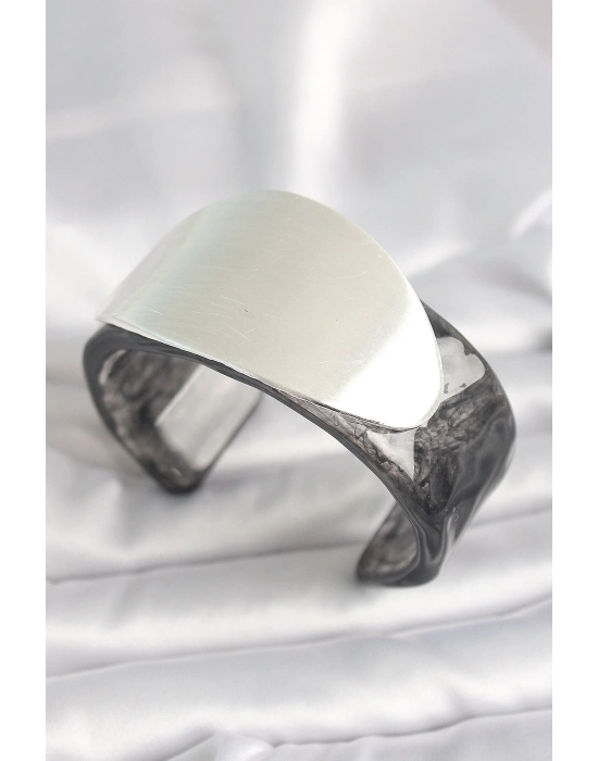 ® Siyah Mermer Desen Akrilik Plastik Gümüş Oval Plaka Model Vintage Kadın Bilezik