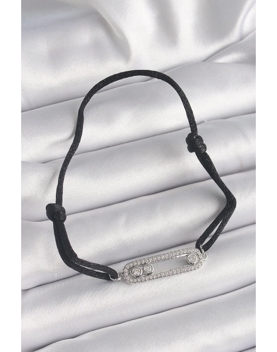 ® Siyah Renk İpli Asansör Zirkon Taşlı Gümüş Messika Model Kadın Bileklik