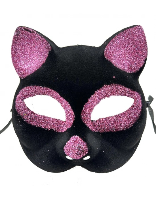 Siyah Renk Pembe Simli Süet Kedi Maskesi 18x14 cm